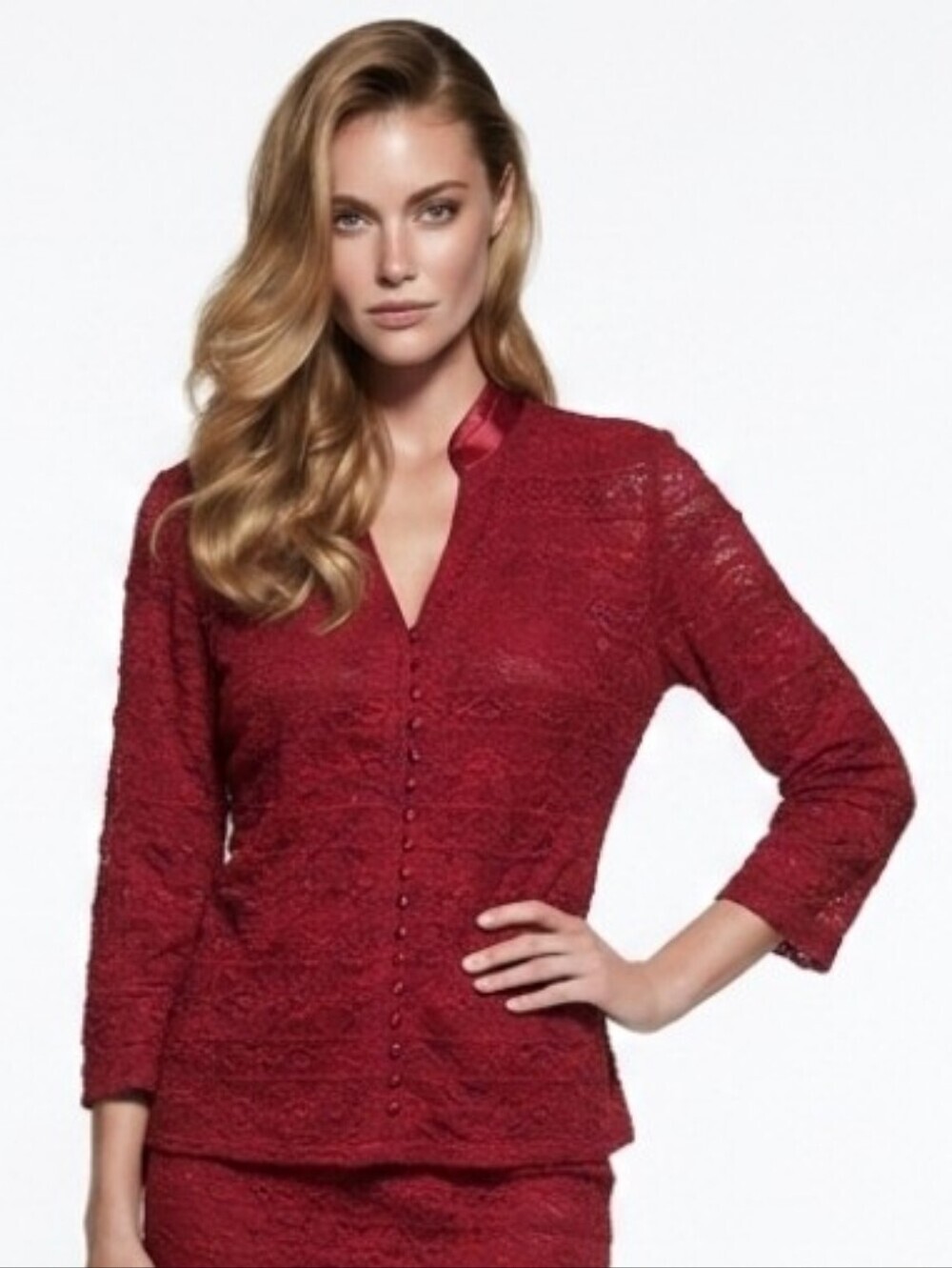 Alfani Lace Satin-Trim Button Blouse in Red